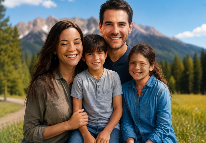 Colorado family standing in a mountain meadow
